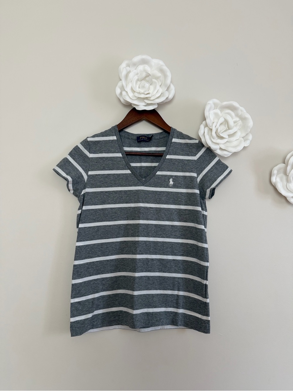 Polo by Ralph Lauren Gray & White Striped V-Neck Top